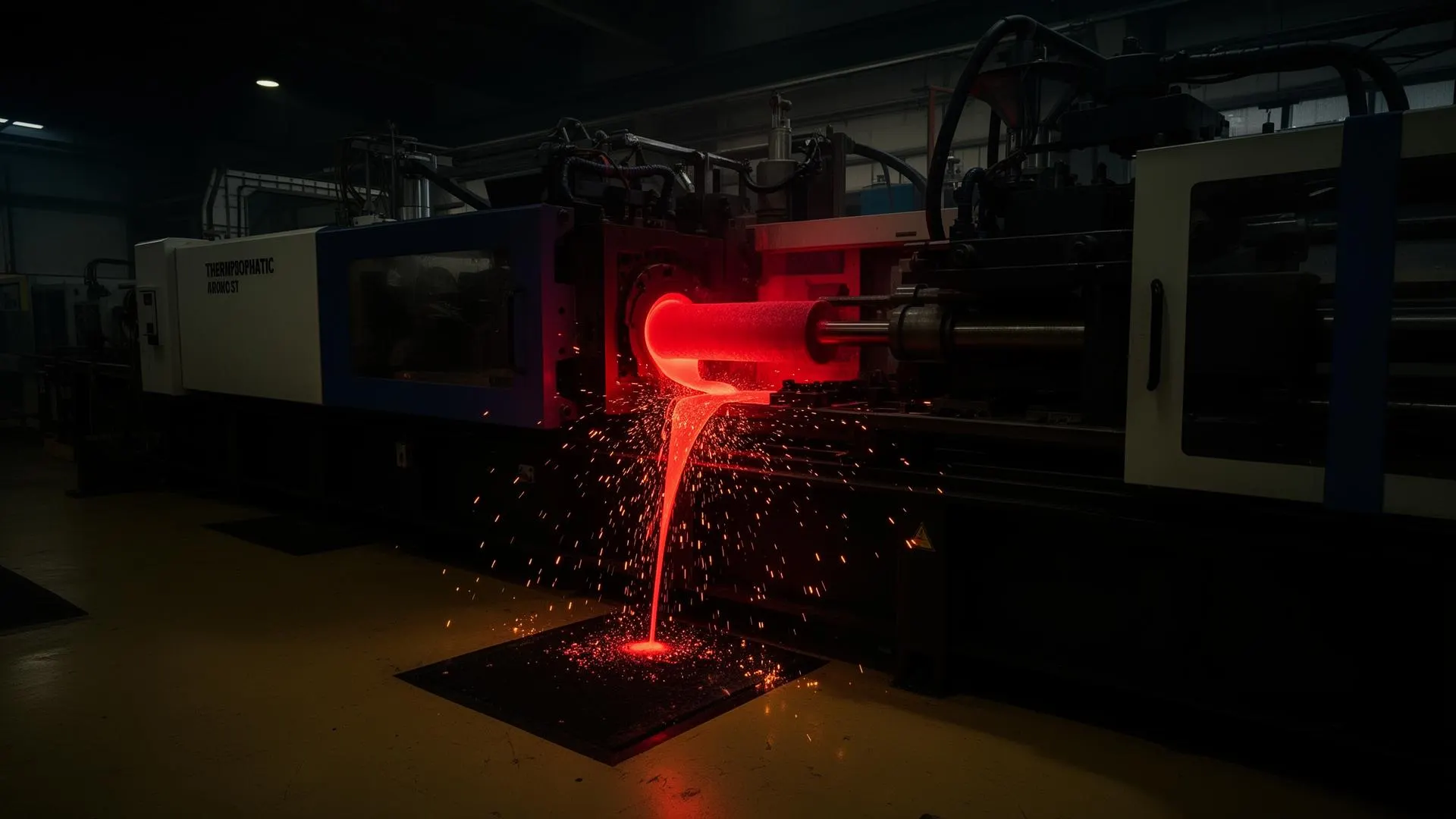 Thermoplastic injection molding machine running with glowing red molten plastic